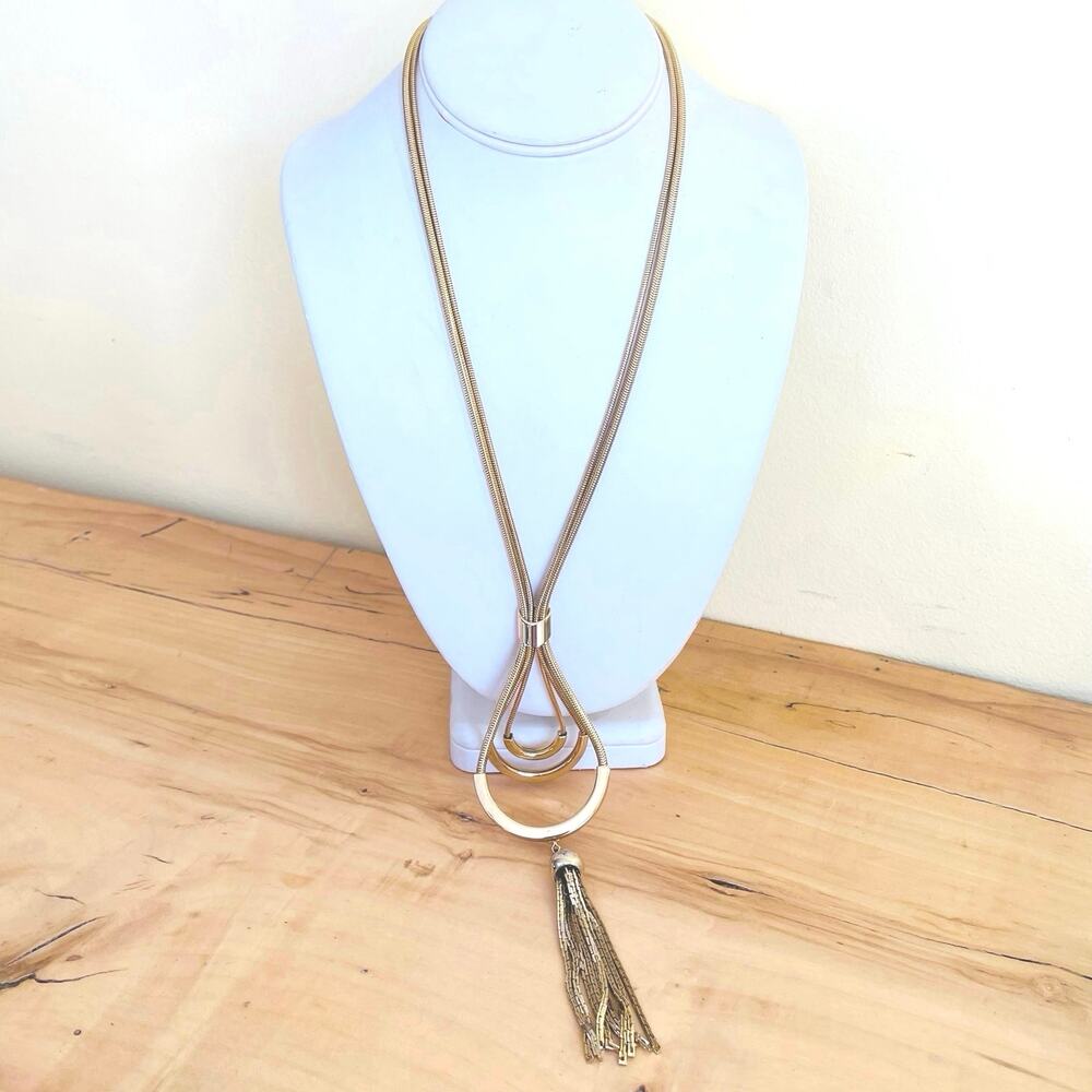 70s Vtg Dbl Strand Tiered Tassel Pendant Lariat Y-Necklace Teardrop Art Deco